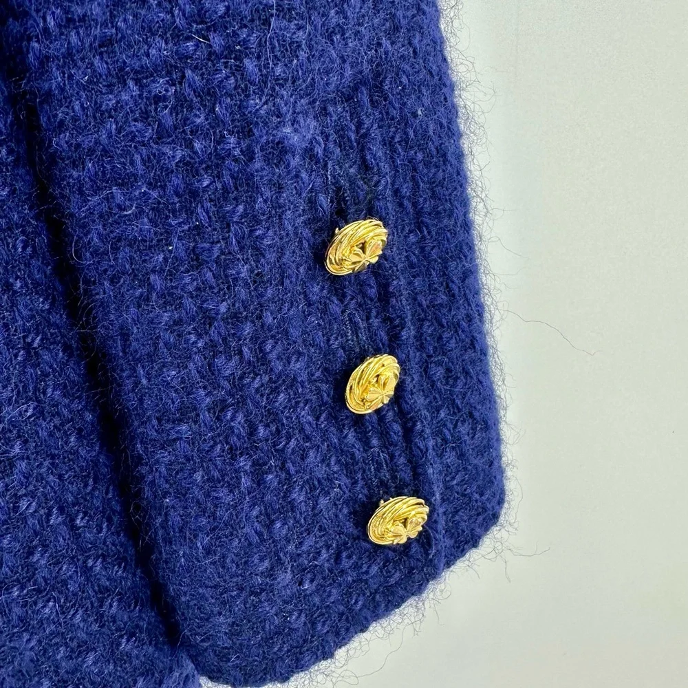 CHANEL Vintage Chanel Boutique Blue Bouclé Jacket Pocket Gold Clover Buttons
